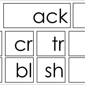 May include: Black and white word family activity with the word "ack" at the top and a grid of boxes with letter combinations like "sm", "cr", "tr", "sl", "qu", "bl", "sh", and "fl".