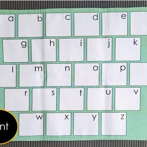 May include: A light green fabric with a grid of white squares, each labeled with a letter of the alphabet. The word "Print" is in a black circle in the lower left corner. The fabric is likely for educational purposes.