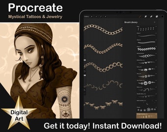Procreate Mystical Brushes Moons, Suns & Butterfly Gold Chain Jewelry Stamps