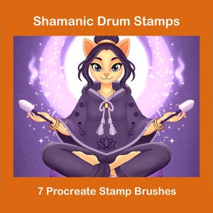 May include: Digital illustration of a cat-like character in a purple cloak, holding drum mallets. The image is titled "Shamanic Drum Stamps" and includes 7 Procreate stamp brushes. Additional icons of drum-related symbols are displayed.