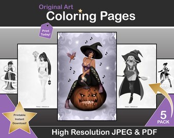 Halloween Adult Coloring Pages | Download Grayscale Illustration | Printable JPG & PDF files | Grayscale Coloring Halloween Female Pages