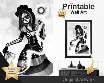 Printable Halloween Wall Art Female Day of the Dead Skeleton Original Art Print | Black and White Female Wall Art Prints