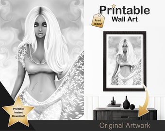 Printable Halloween Wall Art Female Spirit Original Art Print | Black and White Female Wall Art Prints