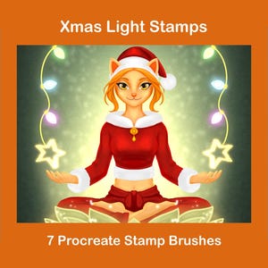 May include: Digital artwork showing a woman with cat ears in a Santa hat and red outfit, surrounded by Christmas lights and stars. The image includes the text "Xmas Light Stamps" and "7 Procreate Stamp Brushes."