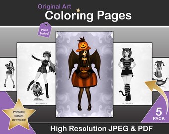 Printable Halloween Coloring Pages | Download Grayscale Illustration | Printable JPG & PDF files | Grayscale Coloring Original Female Art