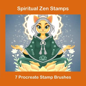 May include: Digital art featuring a cat-like figure in a green robe, meditating in a lotus position. The image includes the text "Spiritual Zen Stamps" and "7 Procreate Stamp Brushes." Additional icons of spiritual symbols are displayed.