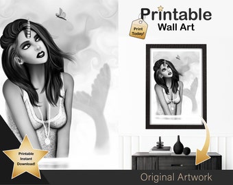 Printable Fantasy Wall Art Female Mermaid Narwhal Original Art Print | Black and White Female Wall Art Prints