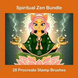 May include: Digital art bundle titled "Spiritual Zen Bundle" featuring a cat-like figure in a meditative pose, surrounded by spiritual symbols. Includes 28 Procreate stamp brushes. The color palette is soft, with greens, pinks, and gold.