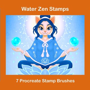 May include: Digital art featuring a cat-like character in blue robes, meditating with glowing orbs. The image is titled "Water Zen Stamps" and includes 7 Procreate stamp brushes with water-themed designs like drops, waves, and ripples.