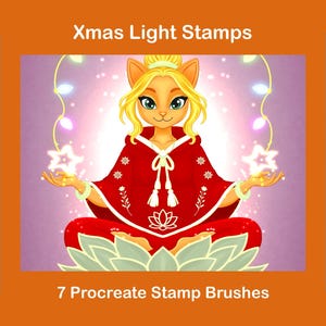 May include: Digital art featuring a cat-like character in a red robe, surrounded by Christmas lights and star shapes. The image includes the text "Xmas Light Stamps" and "7 Procreate Stamp Brushes."