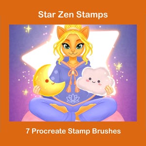May include: Digital illustration of a cat-like figure with a moon and cloud. The image is labelled "Star Zen Stamps" and shows star and moon designs, with the text "7 Procreate Stamp Brushes".