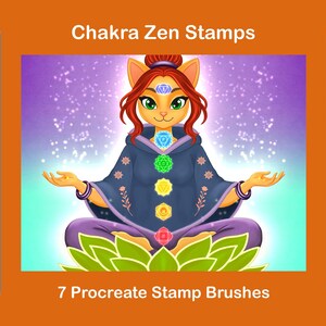 May include: Digital art featuring a cat-like figure in a meditative pose, adorned with chakra symbols. The image includes the text "Chakra Zen Stamps" and "7 Procreate Stamp Brushes". The background is a soft purple with sparkling effects, and the overall theme is spiritual and artistic.