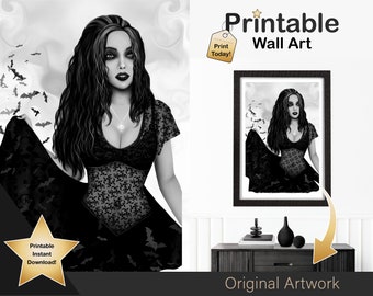 Printable Halloween Wall Art Female Vampire Original Art Print | Black and White Female Wall Art Prints