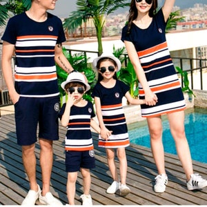 Matching Family Outfits, Mother And Daughter Dresses And Father Son Baby Boy Girl Beautiful Summer Striped T-shirt, Outfits blue, Same dress