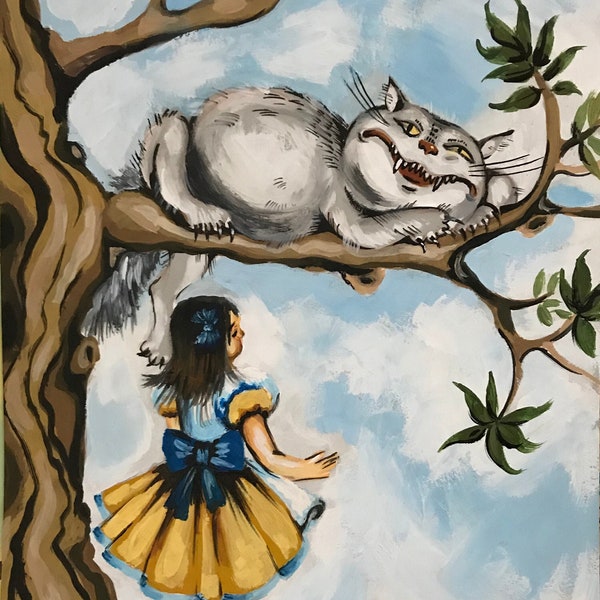 Alice mit Grinsekatze - Fotoprint im Bilderrahmen, Malerei, Bild, Acryl, Wunderland, Katze, Baum, Traum, Traumwelt, verspielt, heiter, bunt