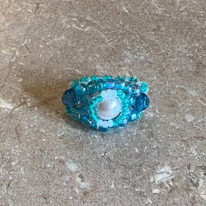 Perla (vetro) & Anello di perline verde acqua moda gioielli taglia 8