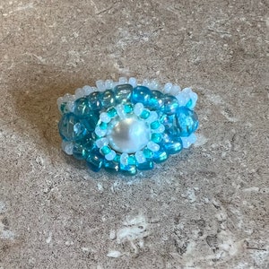Perla (vetro) & Anello di perline verde acqua moda gioielli taglia 8