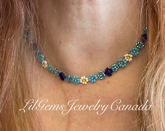 Beaded Daisy Chain Choker Necklace • Beaded flower chain • Handmade Jewelry