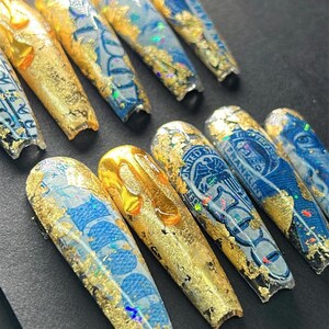 Encapsulated money nails|long nails| birthday prom nails| money nails| handmade nails| Chrome nails|gold leaf nails| curved press on nails image 8