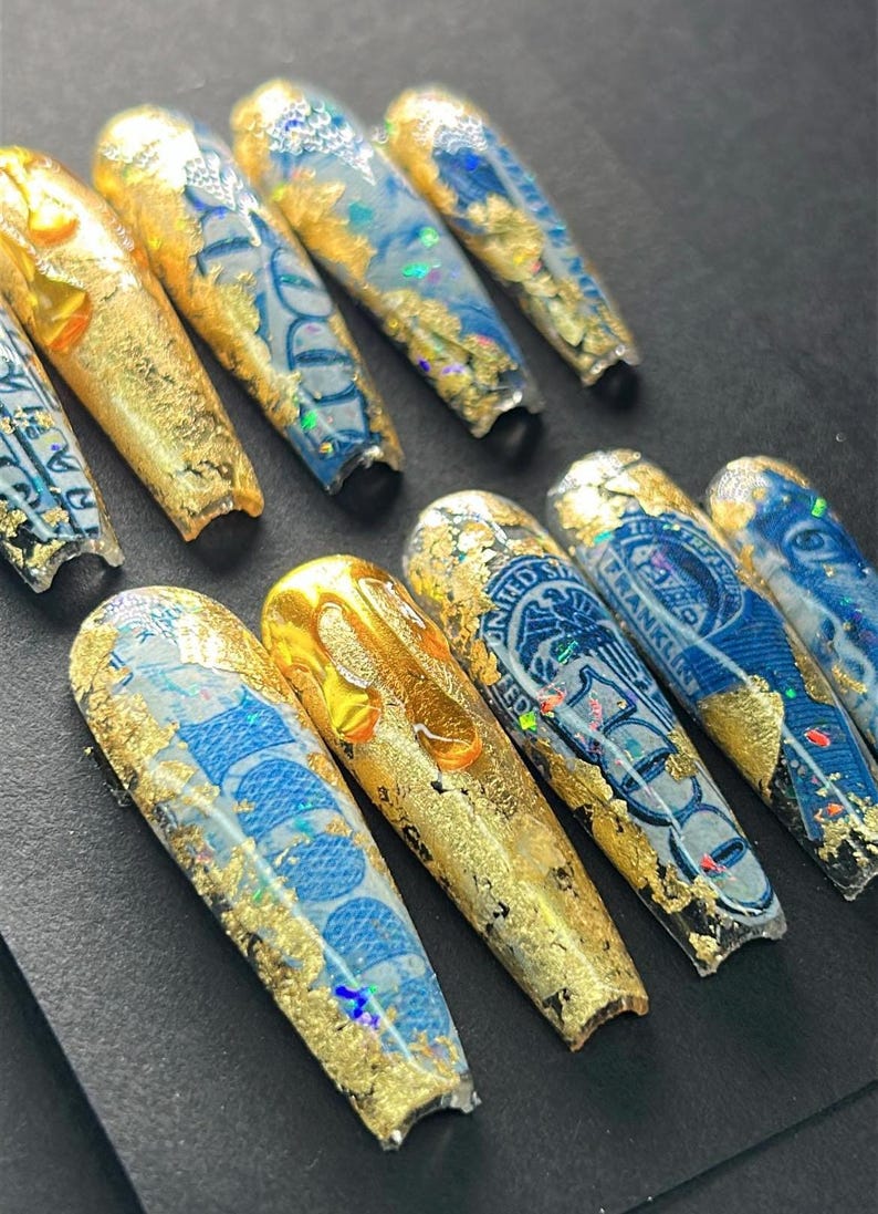 Encapsulated money nails|long nails| birthday prom nails| money nails| handmade nails| Chrome nails|gold leaf nails| curved press on nails image 8