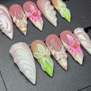 3D Blumen zum Aufbügeln|3D Nägel|Stiletto Nägel|Nägel zum aufbügeln|kurze xl xxl xxxlklassische französische Maniküre|Strandnägel|Strandnägel|Muscheldesign|alle Formen
