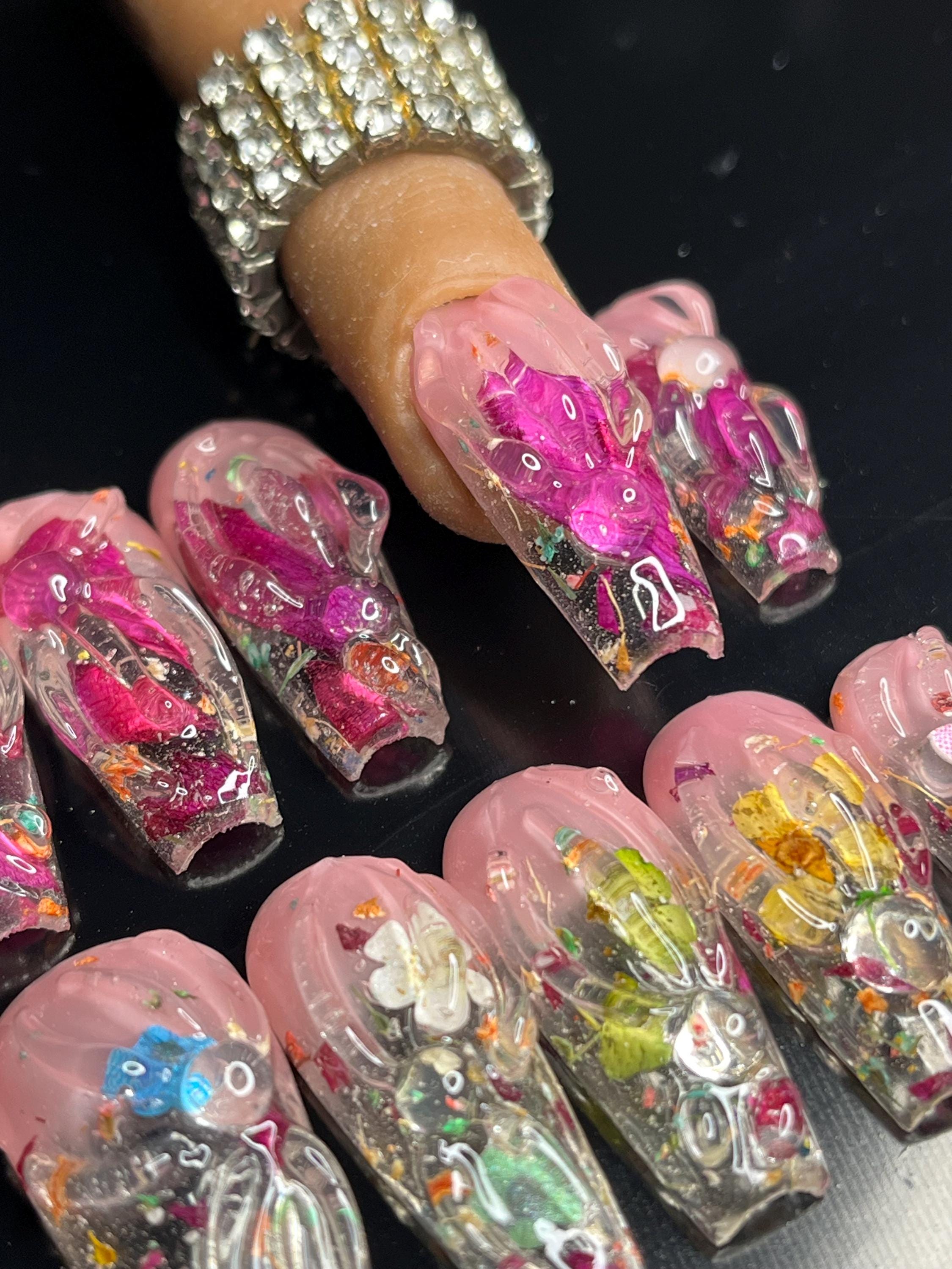 Spring Flowers|encapsulated Flower Nails| Short Sqaure Nails| Dried ...