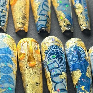 Encapsulated money nails|long nails| birthday prom nails| money nails| handmade nails| Chrome nails|gold leaf nails| curved press on nails image 9