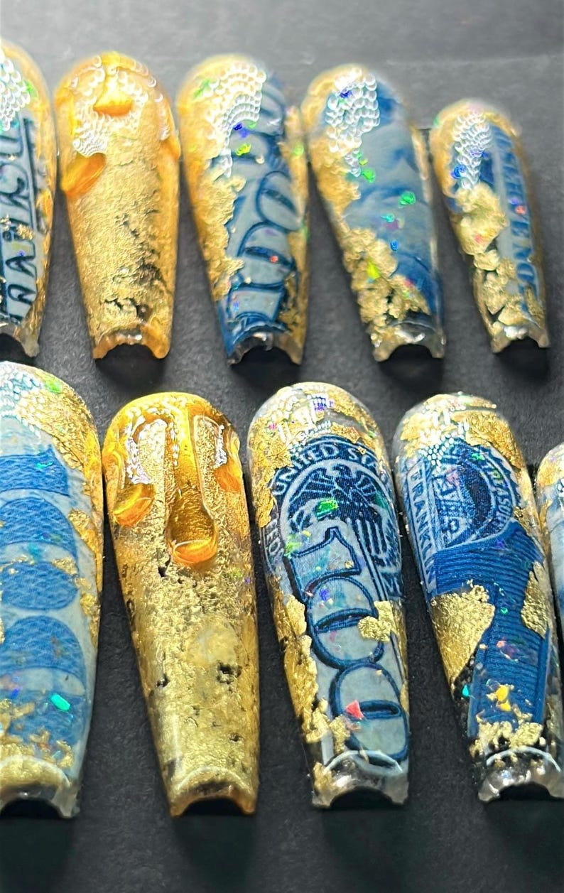 Encapsulated money nails|long nails| birthday prom nails| money nails| handmade nails| Chrome nails|gold leaf nails| curved press on nails image 9