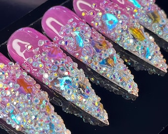 Crystal Press on nails| pixie crystal glue on nails|long nails| birthday prom nails| stick on nails| handmade nails| holiday nails|