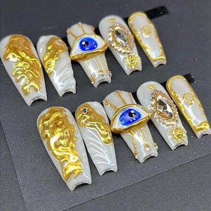 Evil eye Press on nails 3D hand sculpted|summer nails|custom nails|multiple shapes and lengths available|strong long lasting press on set