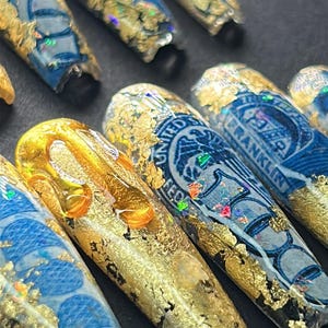 Encapsulated money nails|long nails| birthday prom nails| money nails| handmade nails| Chrome nails|gold leaf nails| curved press on nails image 10