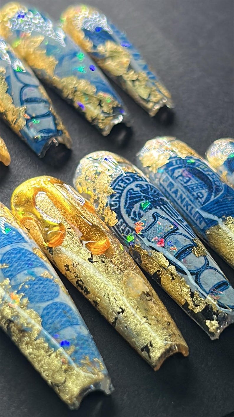 Encapsulated money nails|long nails| birthday prom nails| money nails| handmade nails| Chrome nails|gold leaf nails| curved press on nails image 10