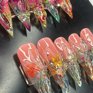 Spring flowers|encapsulated flower nails| short sqaure nails| dried roses inside nails| 3D rain drop nails| press on nails|3d flower nails