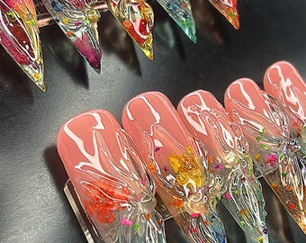 Spring flowers|encapsulated flower nails| short sqaure nails| dried roses inside nails| 3D rain drop nails| press on nails|3d flower nails