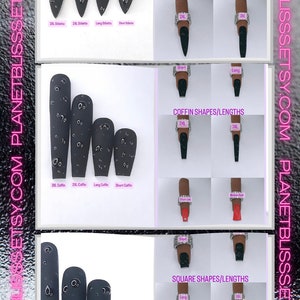 May include: A guide to different nail shapes and sizes, including stiletto, coffin, and square. The nails are black with a water drop design. The text on the image reads "PLANETBLISSS.ETSY.COM".