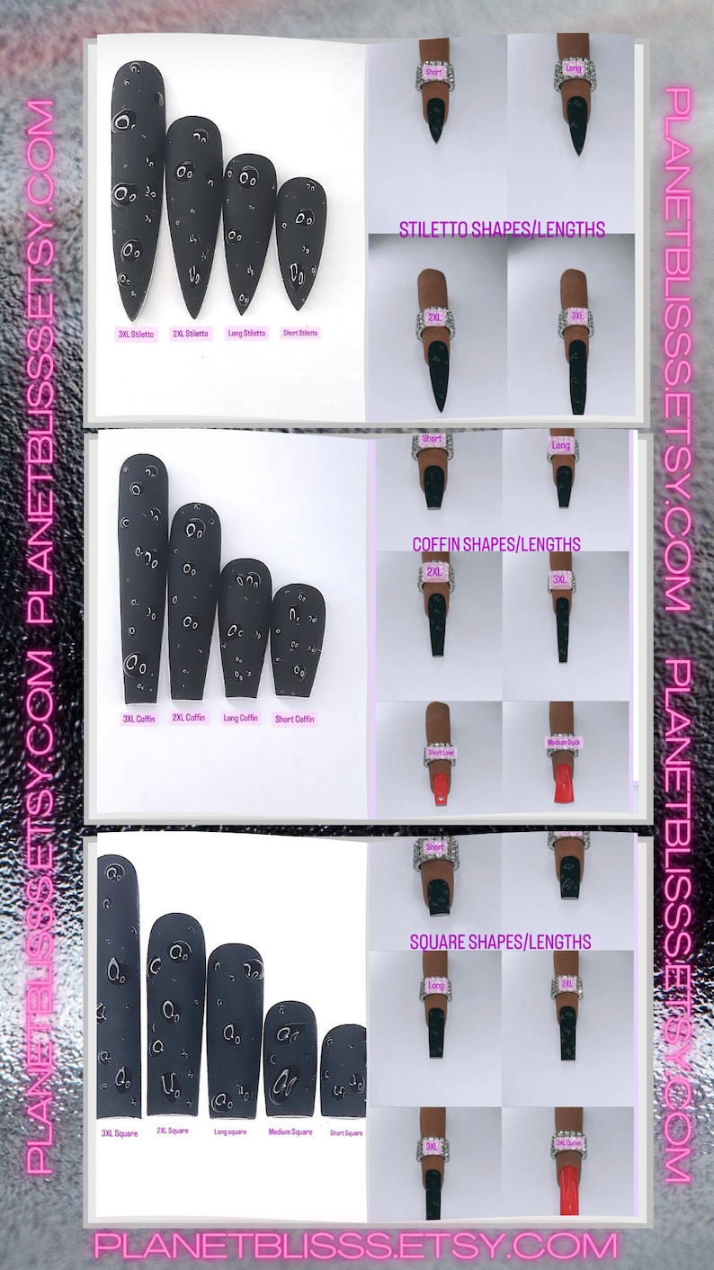 May include: A guide to different nail shapes and sizes, including stiletto, coffin, and square. The nails are black with a water drop design. The text on the image reads "PLANETBLISSS.ETSY.COM".