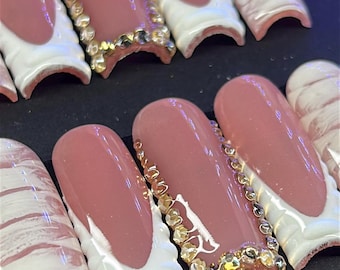 Croc Print Press On Nails | Crystal French Tip, Durable False Nails