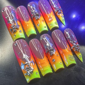 Ombré French Press on Nails| colorful| chrome nails| colorful long nails|Birthday nails|Summer nails| square press on nails| charms nails