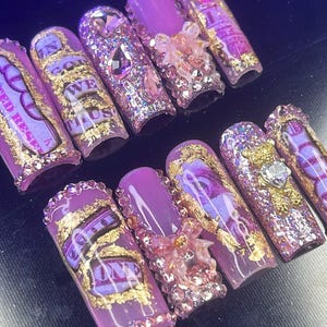 Custom money Press on Nails|Bling nails| pink nails|junk nails|Birthday nails|fake money|charm nails|pink|glitter nails|kawaii