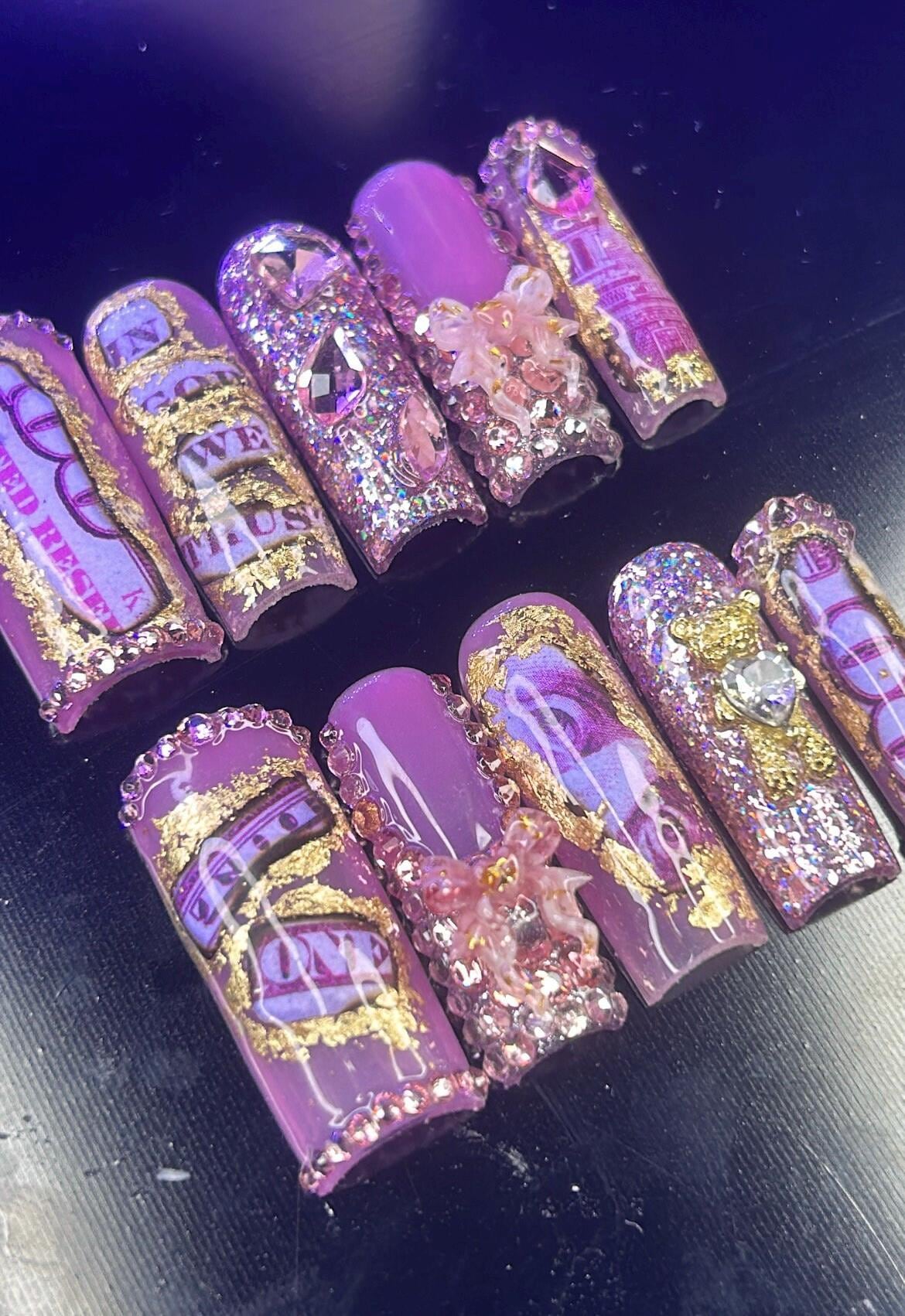 Pink Money Press On Nails: Bling Crystal Nail Charms