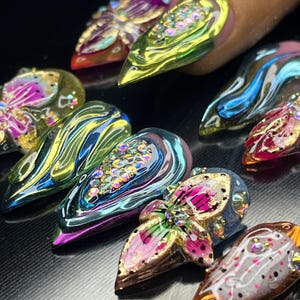 Chrome glue on nails|press on nails| long Press on nails| summer nails| birthday press on nails|chrome nails| handmade|3D nails flower nails