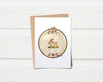 Card embroidery with rabbit, card rabbit watercolor, card little rabbit, Isabelle Caty Art