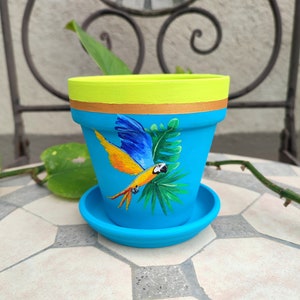 Flower pot parrot | Plant pot hand-painted | Flower pot with saucer | colorful clay pot