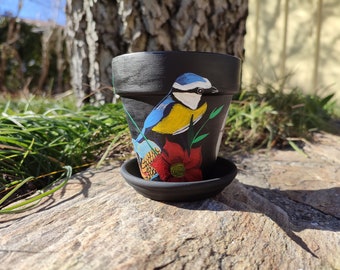 Flower pot painting | Bird and snake | Flower pot colorful | Plant pot with saucer
