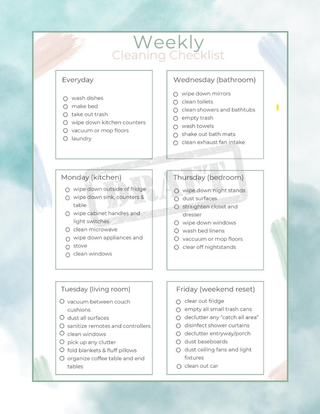 Weekly Cleaning Checklist Printable, Aesthetic Cleaning Schedule, Home ...