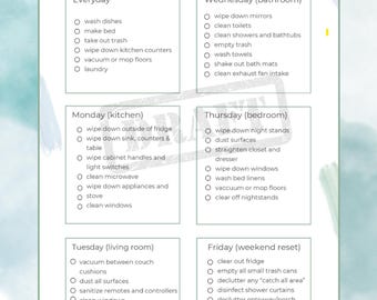 Lista di controllo settimanale per le pulizie stampabile, programma di pulizia estetica, pianificatore per il riordino della casa, tabella delle faccende domestiche stanza per stanza, versione per il risparmio d'inchiostro inclusa