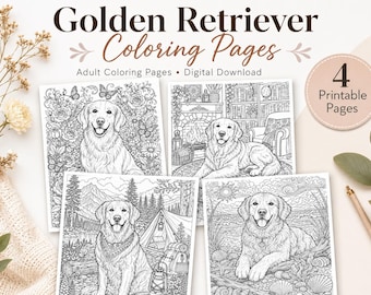 Målarbilder för golden retriever, utskrivbar bok för vuxna hundälskare (digital nedladdning)