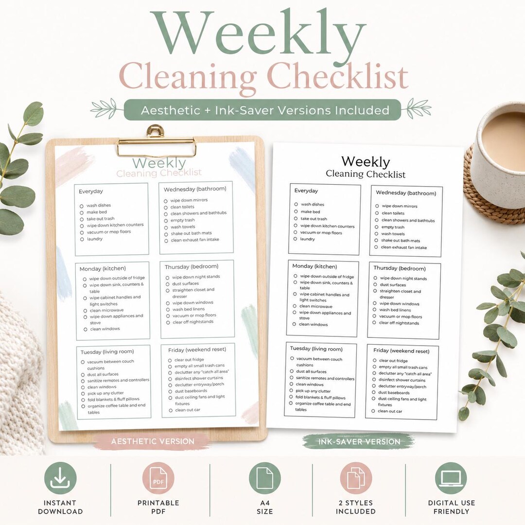 Weekly Cleaning Checklist, Home Reset Planner (digital Download) - Etsy