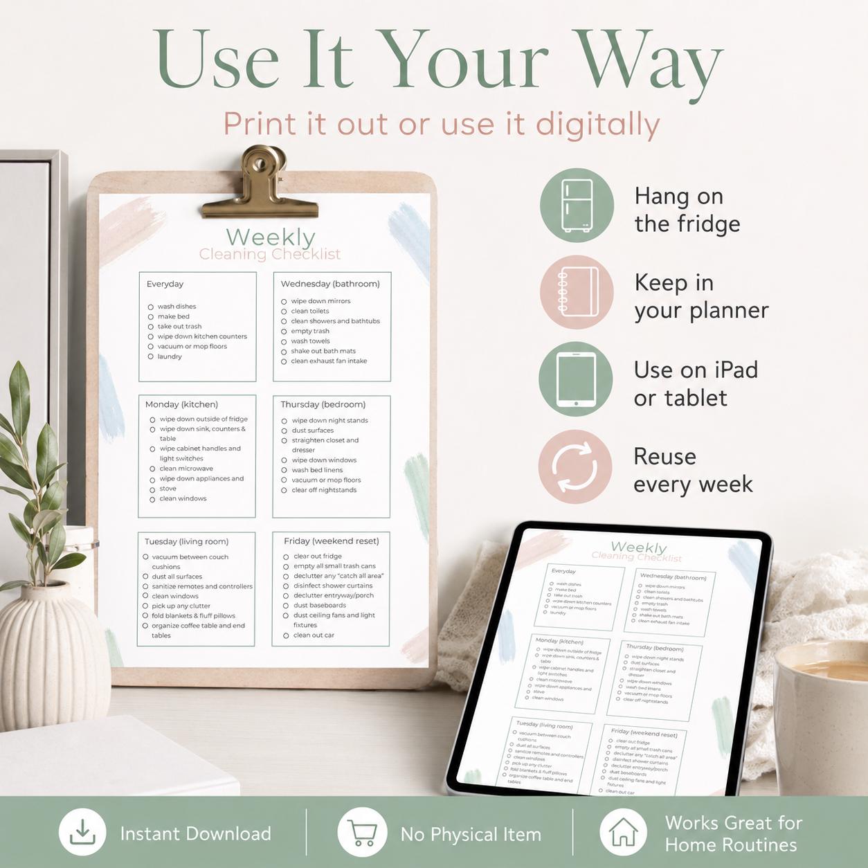 Weekly Cleaning Checklist, Home Reset Planner (digital Download) - Etsy