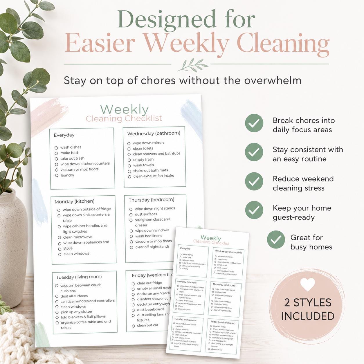 Weekly Cleaning Checklist, Home Reset Planner (digital Download) - Etsy